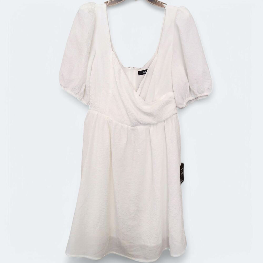 NWT Lulus Puff Sleeve Mini Dress, white, Draped v-neck, scoop front & back, sz M